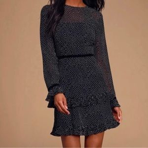 LULU’S Floral to See Black White Polka For Long Sleeve Ruffle Mini Dress Size XS